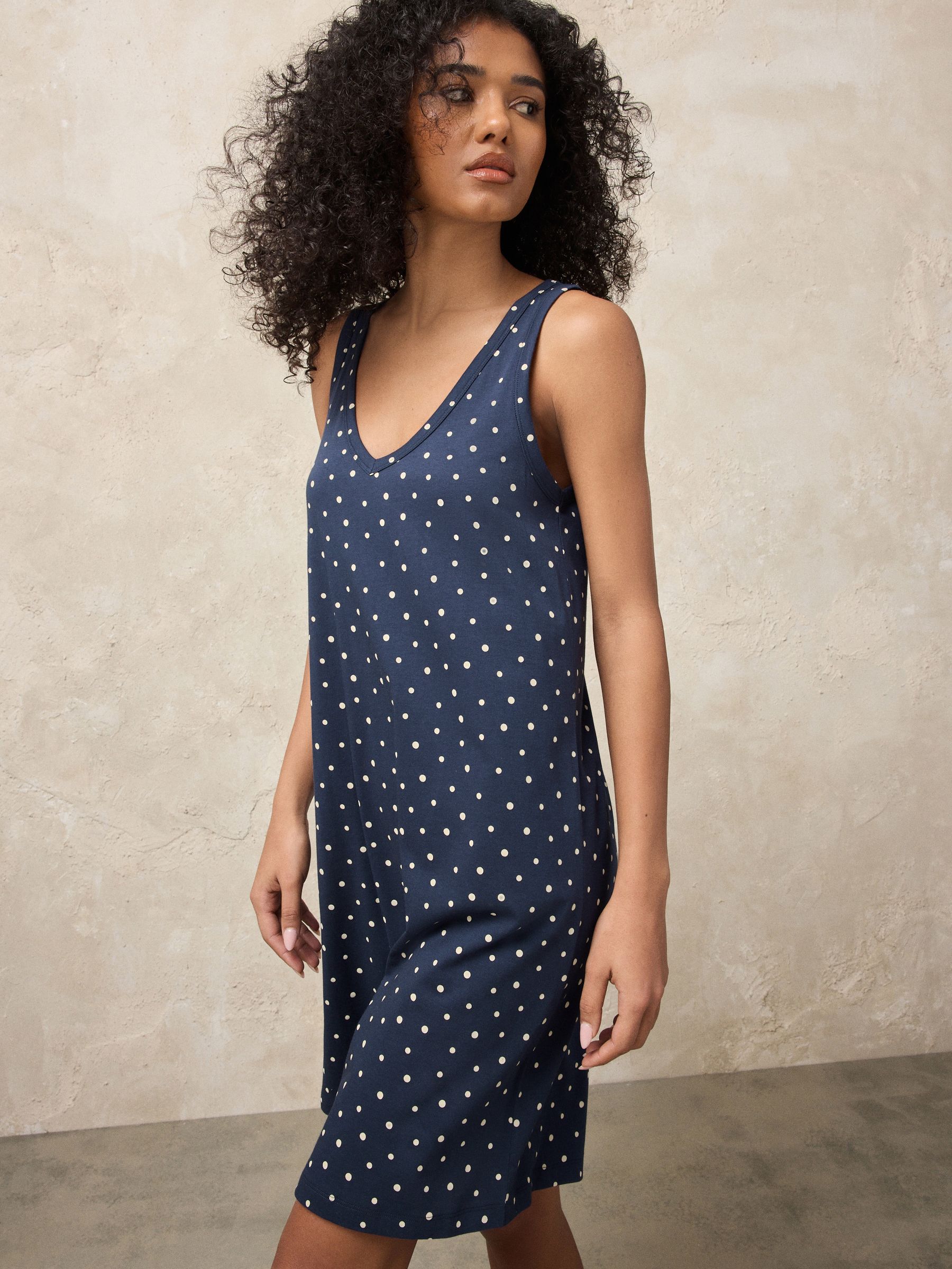 Next：日本 ネイビーブルー水玉柄 - ノースリーブ Vネック スラウチ