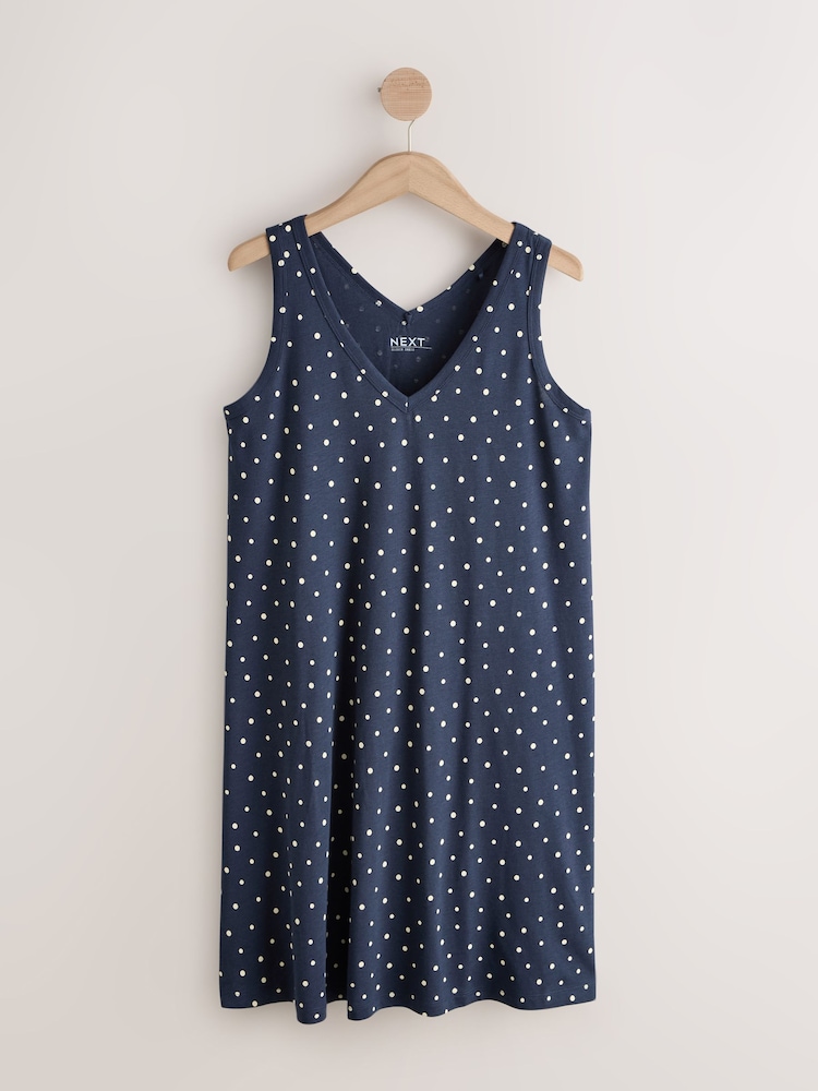 Navy/White Polka Dot Sleeveless V-Neck Slouch Dress - Image 1 of 3