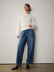 Mid Blue Denim High Rise Crease Front Tapered Barrel Jeans - Image 1 of 8