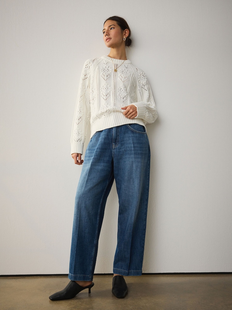 Mid Blue Denim High Rise Crease Front Tapered Barrel Jeans - Image 1 of 8