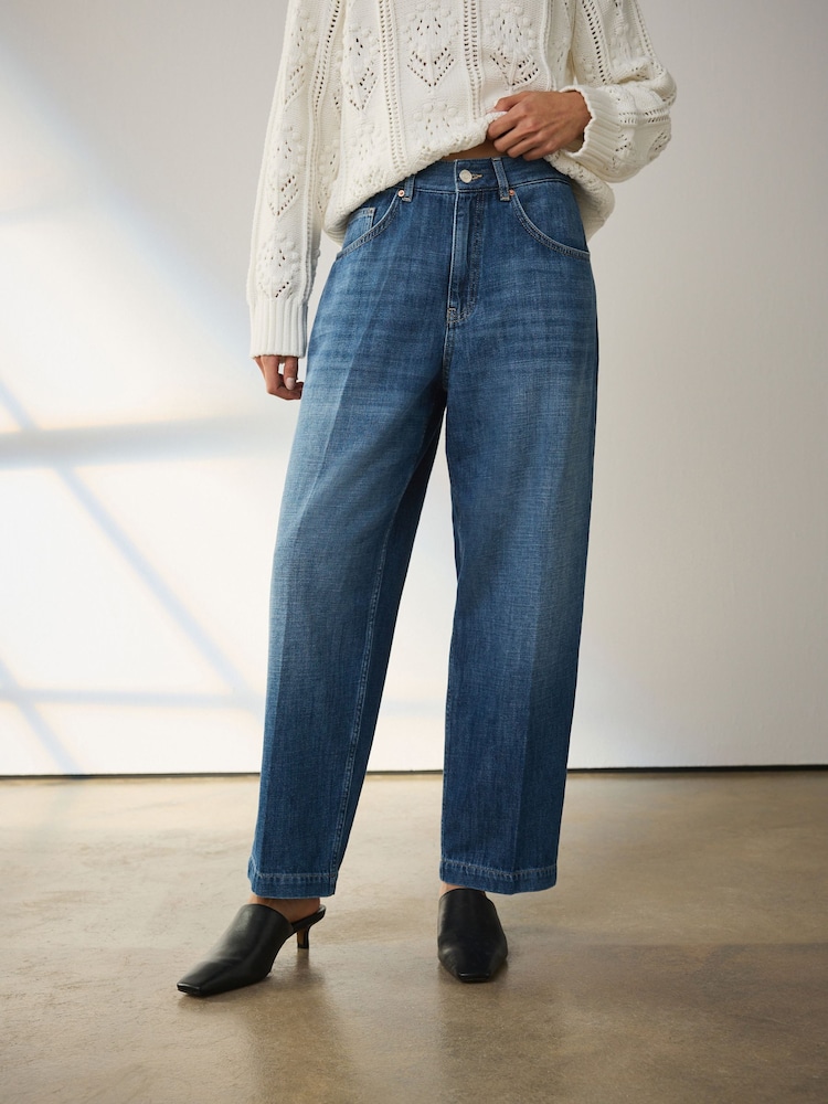 Mid Blue Denim High Rise Crease Front Tapered Barrel Jeans - Image 2 of 8