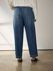 Mid Blue Denim High Rise Crease Front Tapered Barrel Jeans - Image 3 of 8
