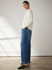 Mid Blue Denim High Rise Crease Front Tapered Barrel Jeans - Image 4 of 8