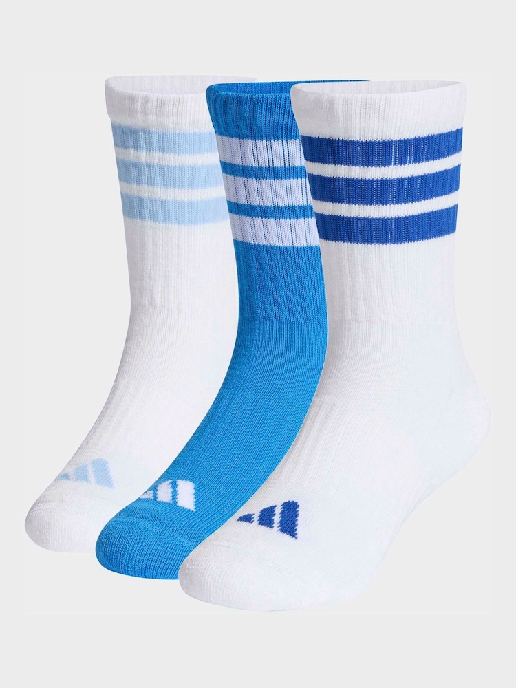 adidas Blue/White Kids 3-Stripe Crew Socks 3 Pack - Image 1 of 4