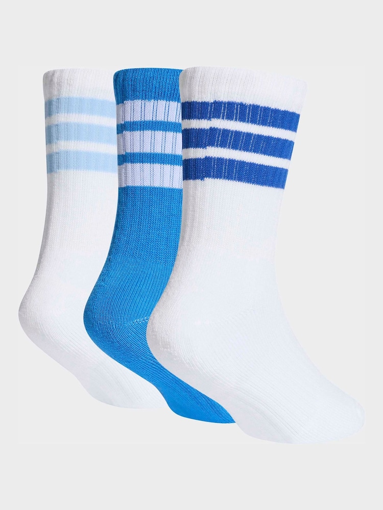 adidas Blue/White Kids 3-Stripe Crew Socks 3 Pack - Image 2 of 4