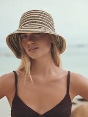 ពណ៌ត្នោតសូកូឡា/ធម្មជាតិ - មួក​ចំបើង​ឆ្នូតៗ - រូបភាព 4 នៃ 7