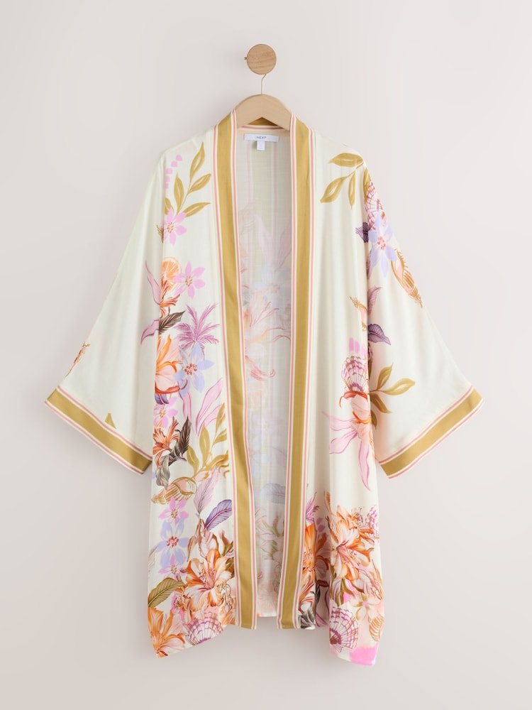 Ecru/White Floral Long Line Kimono - Image 1 of 3