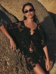 Black Floral Mesh Tie Front Cover-Up - Image 1 of 8