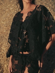 Black Floral Mesh Tie Front Cover-Up - Image 3 of 8