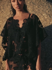 Black Floral Mesh Tie Front Cover-Up - Image 4 of 8