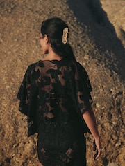 Black Floral Mesh Tie Front Cover-Up - Image 5 of 8