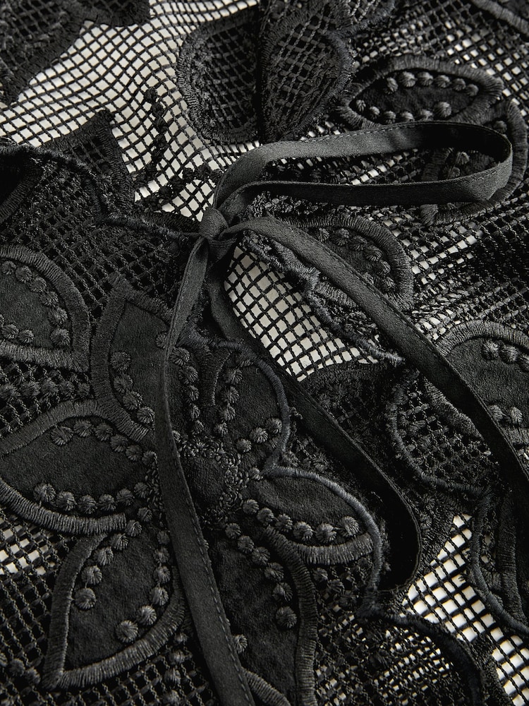 Black Floral Mesh Tie Front Cover-Up - Image 8 of 8