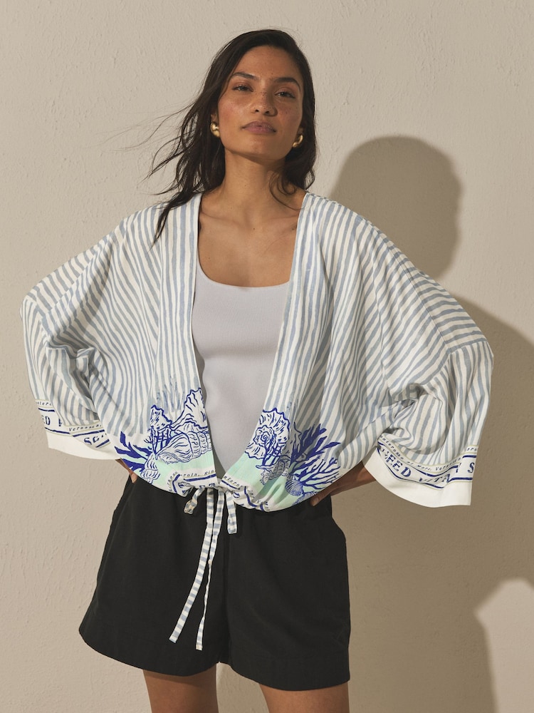 Blue Mermaid Print - Tie Front Lightweight Jacket - 9ичинен 1 сүрөт