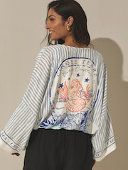 Blue Mermaid Print - Tie Front Lightweight Jacket - 9ичинен 4 сүрөт