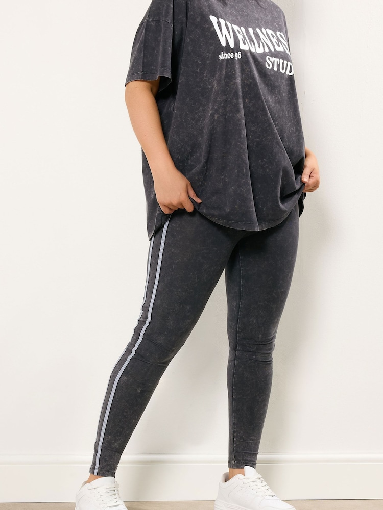 Yours Curve Black Side Stripe Leggings - Image 1 of 5