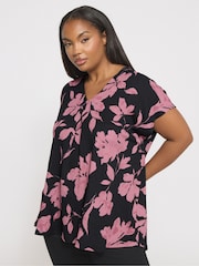 Yours Curve Black Floral Textured Pleated Front Top - Image 1 of 5