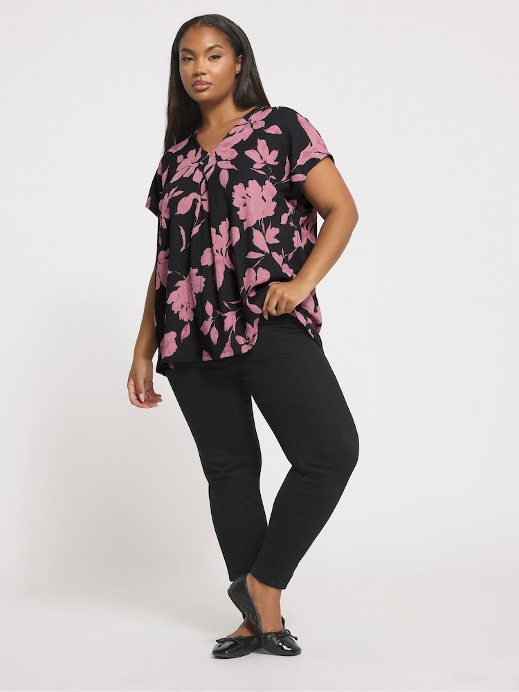 Yours Curve Black Floral Textured Pleated Front Top - Image 2 of 5