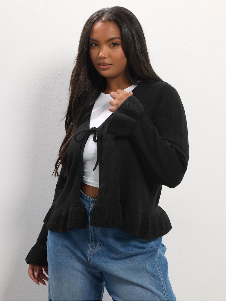 Yours Curve Black Frilled Trim Cardigan - Image 1 of 5