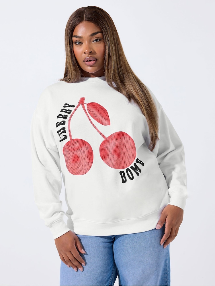 Yours Curve White Limited Studded Cherry Bomb Sweatshirt - Image 1 of 5