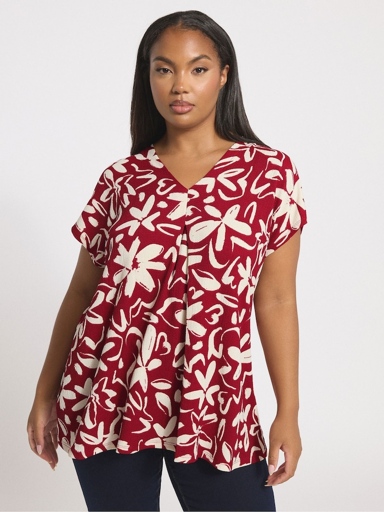 Yours Curve Red Floral Textured Pleated Front Top - Image 1 of 5 Yours Curve Red Floral Textured Pleated Front Top - Image 1 of 5