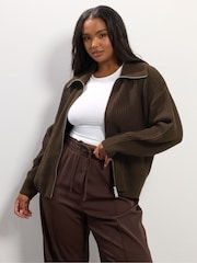 Yours Curve Brown Bomber Funnel Neck Collar Jumper - Image 1 of 5