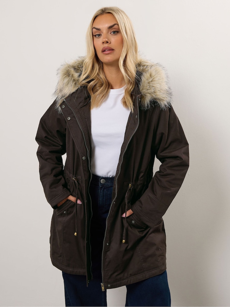 Yours Curve Brown Fur Trim Parka - Image 1 of 6