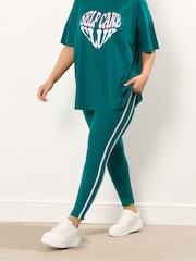 Yours Curve Green Side Stripe Leggings - Image 1 of 5