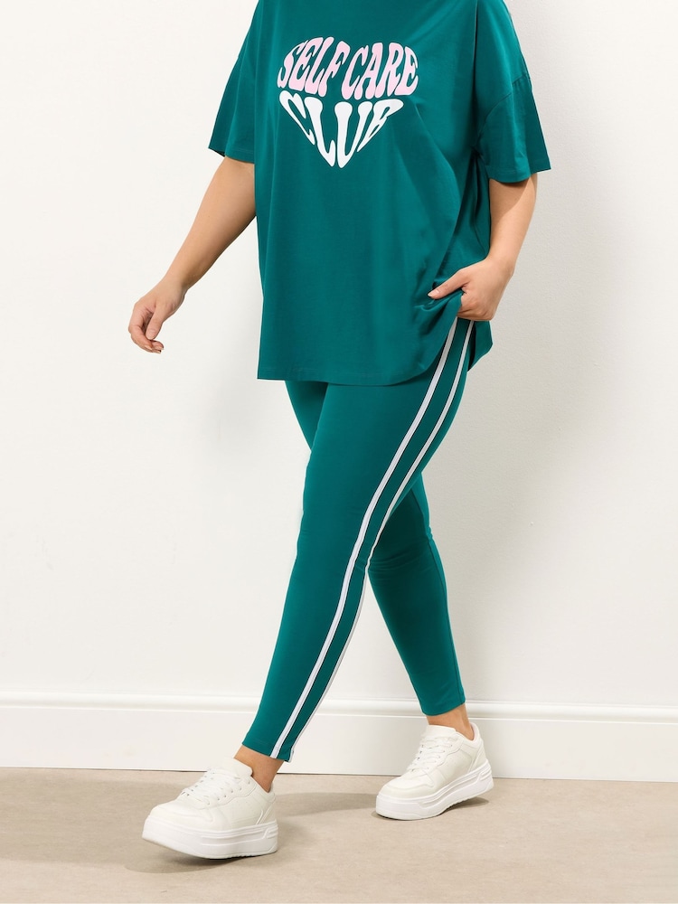 Yours Curve Green Side Stripe Leggings - Image 1 of 5