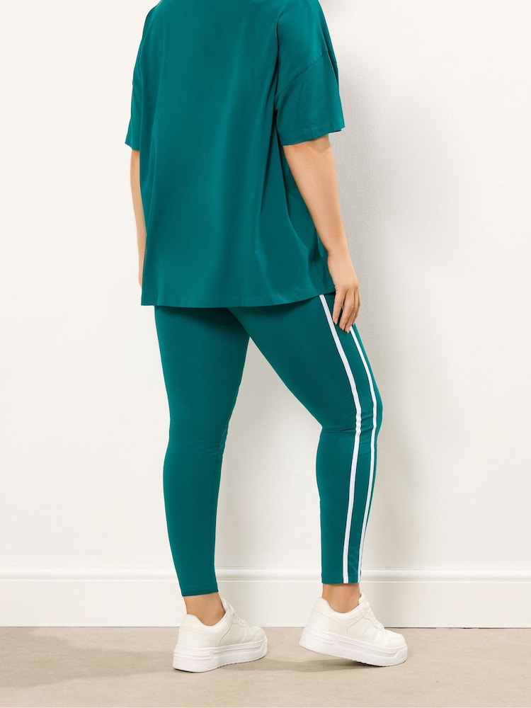 Yours Curve Green Side Stripe Leggings - Image 2 of 5