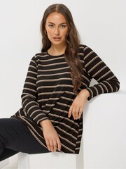 Yours Curve Black Long Sleeve Stripe Ribbed Swing T-Shirt - Image 1 of 5