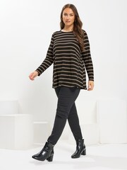 Yours Curve Black Long Sleeve Stripe Ribbed Swing T-Shirt - Image 2 of 5