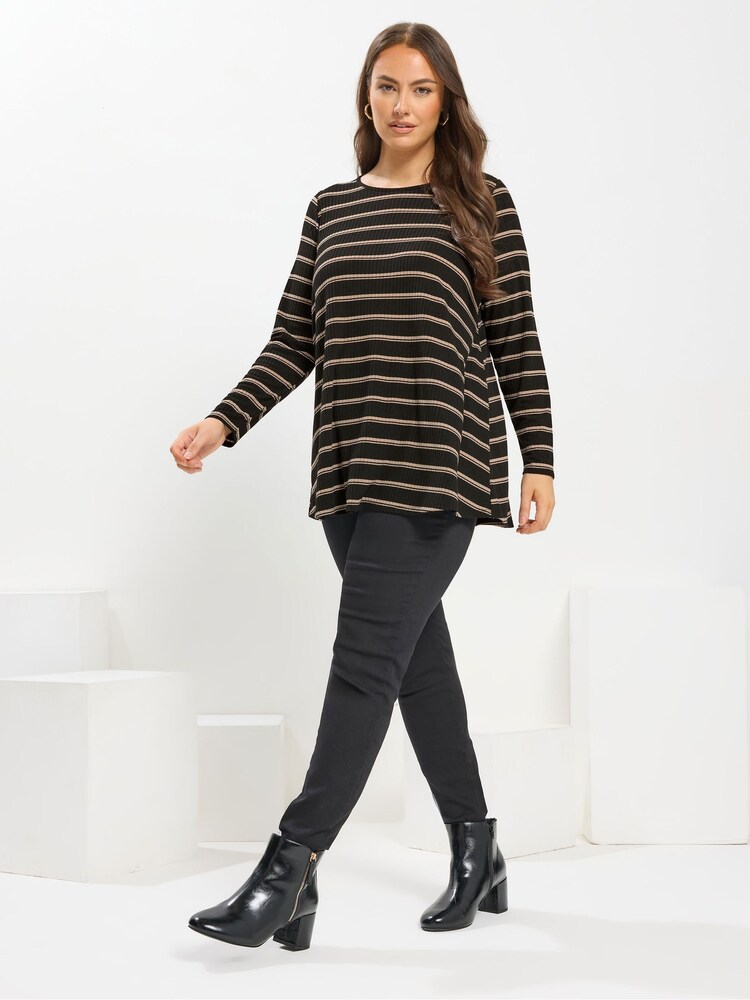 Yours Curve Black Long Sleeve Stripe Ribbed Swing T-Shirt - Image 2 of 5