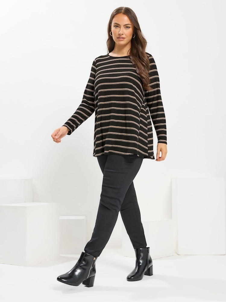 Yours Curve Black Long Sleeve Stripe Ribbed Swing T-Shirt - Image 2 of 5 Yours Curve Black Long Sleeve Stripe Ribbed Swing T-Shirt - Image 2 of 5