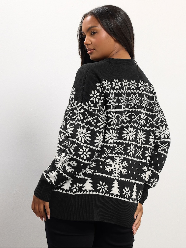 Yours Curve Black Snowflake Fairisle Pattern Jumper - Image 1 of 5
