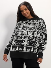 Yours Curve Black Snowflake Fairisle Pattern Jumper - Image 2 of 5