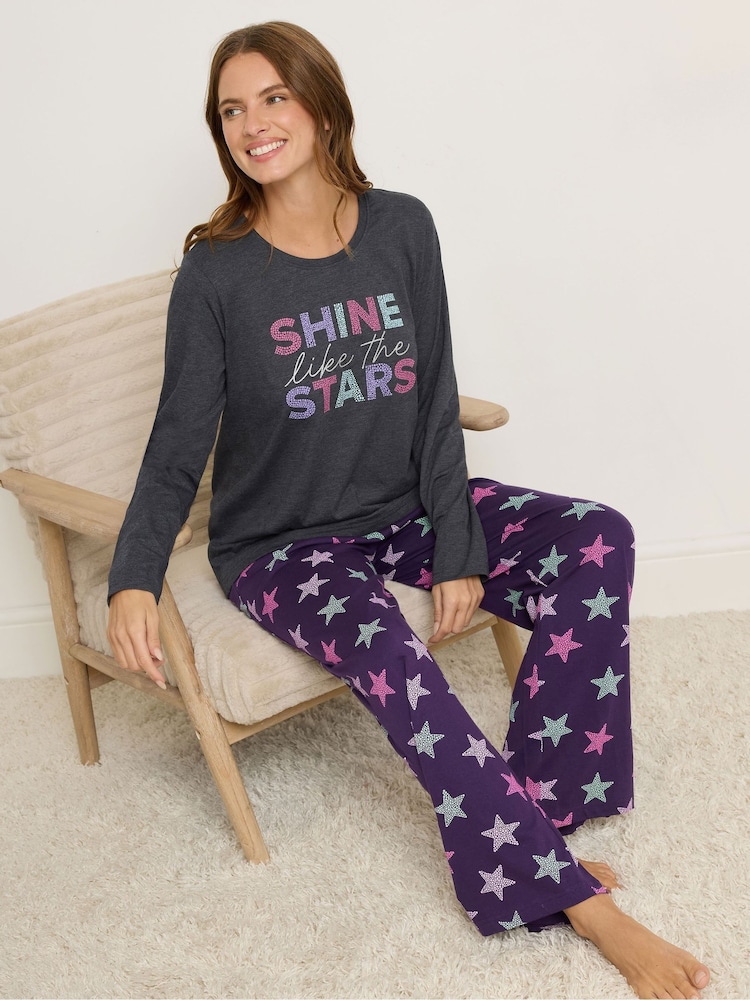 M&Co Grey Shine Like Stars Long Sleeve Wide Leg Pyjamas Set - Image 1 of 5