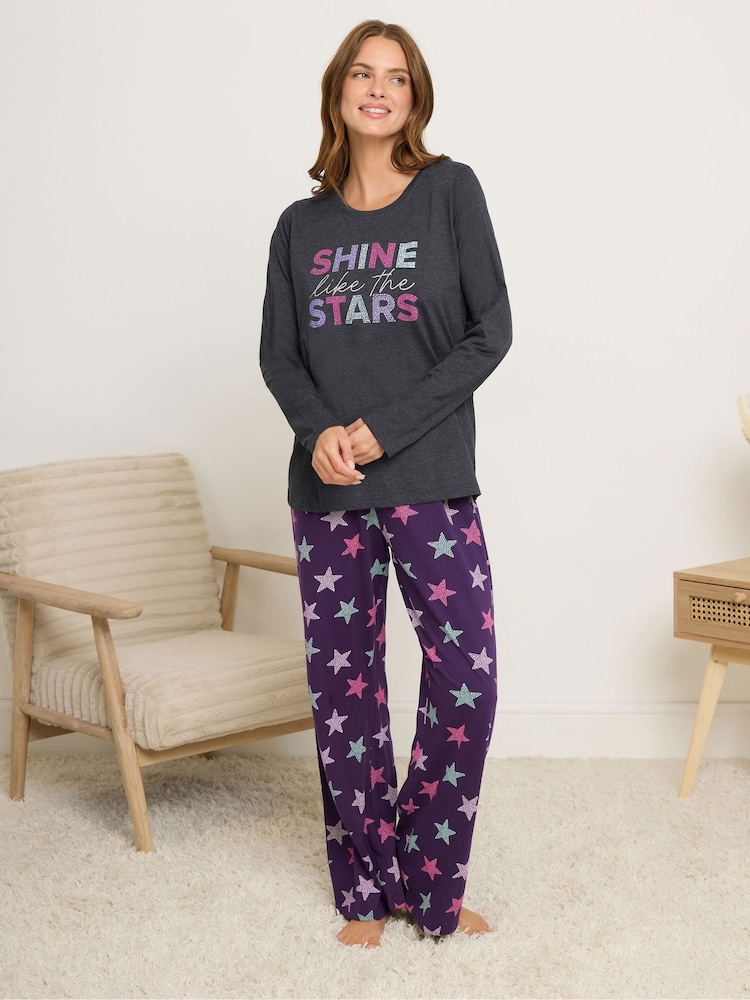 M&Co Grey Shine Like Stars Long Sleeve Wide Leg Pyjamas Set - Image 2 of 5