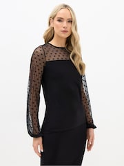 Long Tall Sally Black Spotted Mesh Sleeve Yoke Top - Image 1 of 5