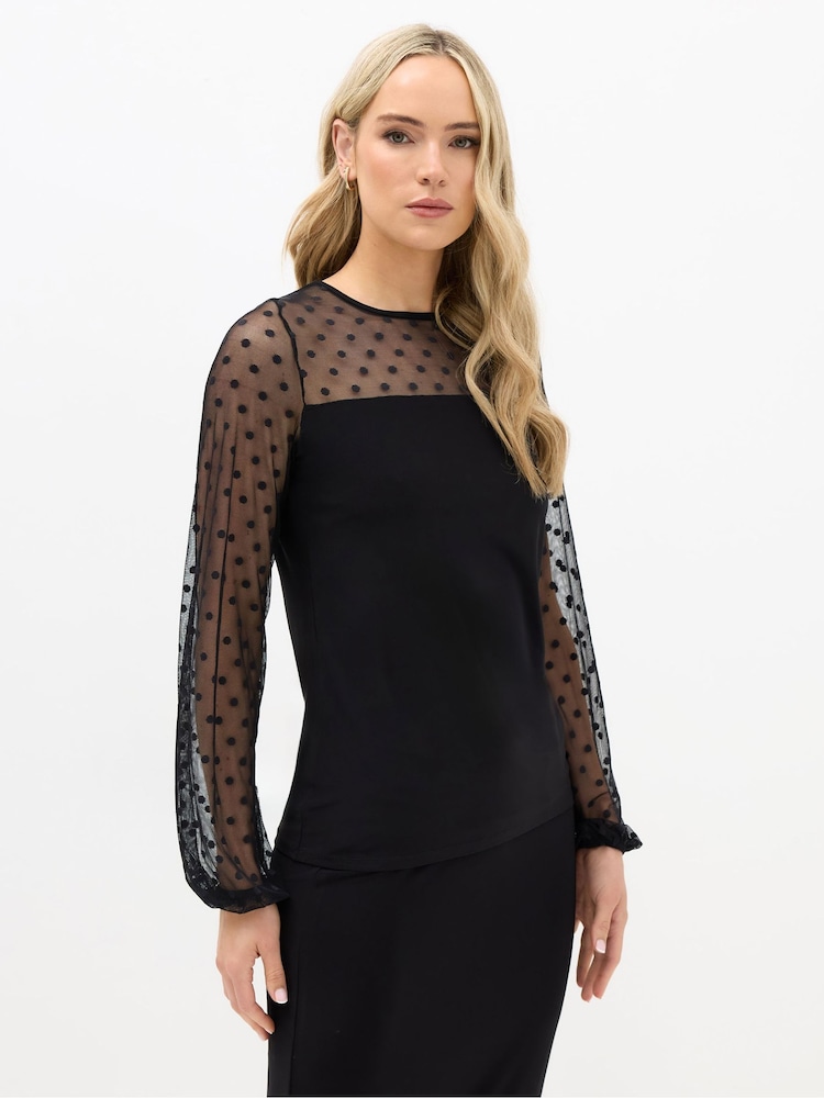 Long Tall Sally Black Spotted Mesh Sleeve Yoke Top - Image 1 of 5