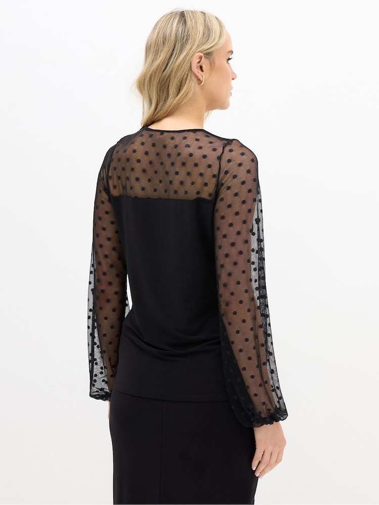 Long Tall Sally Black Spotted Mesh Sleeve Yoke Top - Image 2 of 5