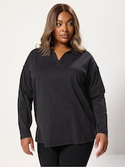 Yours Curve Grey Acid Wash Rugby Collar Top - Image 1 of 5