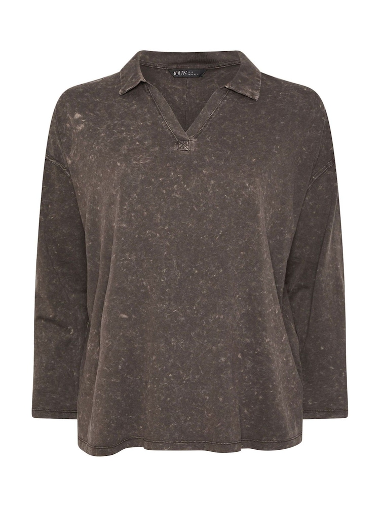 Castanho - Yours Curve Acid Wash Rugby Collar Top - Imagem 5 de 5
