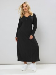 Yours Curve Black Henley Ribbed Swing Maxi Dress - Image 2 of 5