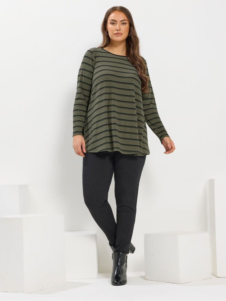 Yours Curve Green Long Sleeve Stripe Ribbed Swing T-Shirt - Image 2 of 5 Yours Curve Green Long Sleeve Stripe Ribbed Swing T-Shirt - Image 2 of 5