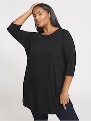 Yours Curve Black Eyelet 3/4 Sleeve Top - Image 1 of 5