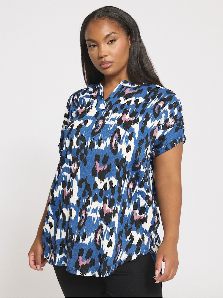 Yours Curve Blue Notch Neck Blouse - Image 1 of 5 Yours Curve Blue Notch Neck Blouse - Image 1 of 5