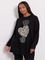 Yours Curve Black Placement Animal Heart Jumper - Image 1 of 5