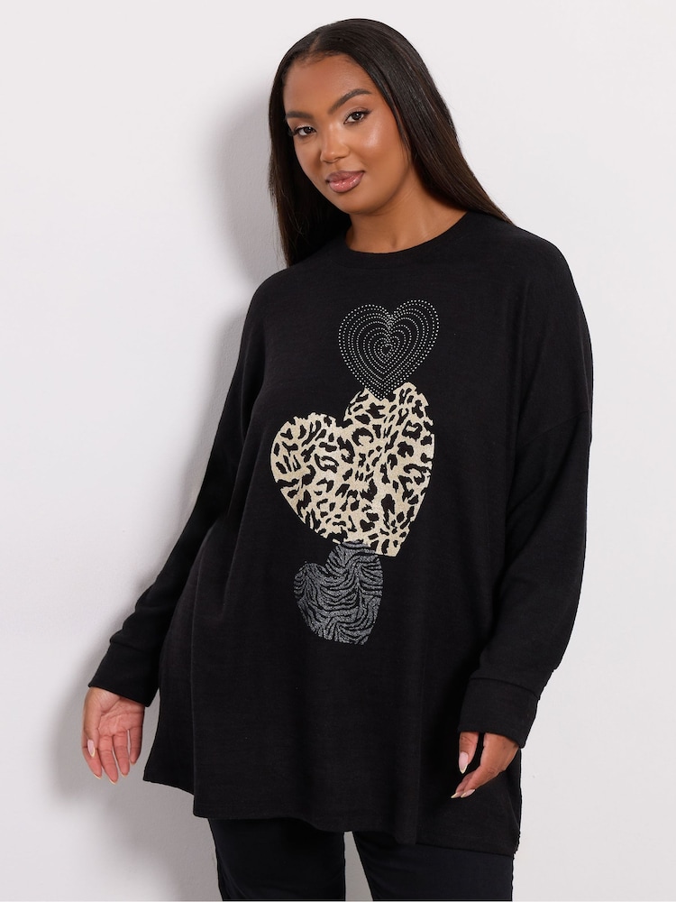 Yours Curve Black Placement Animal Heart Jumper - Image 1 of 5
