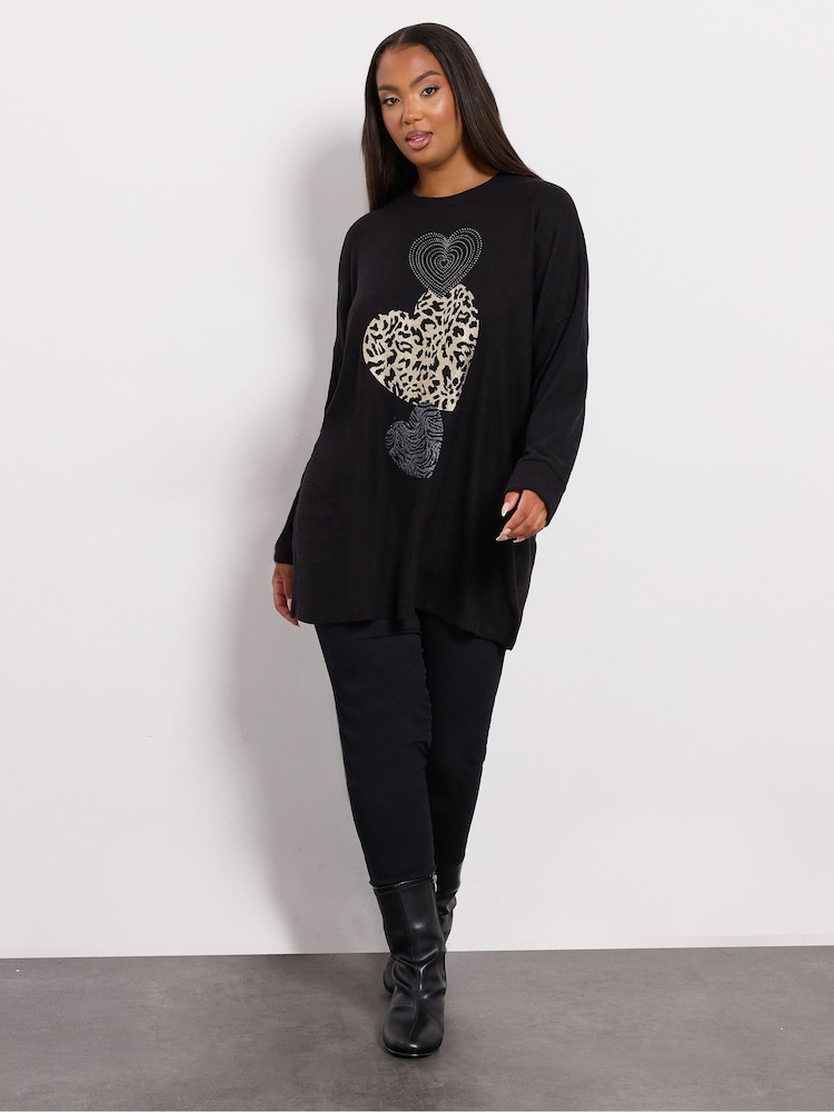 Yours Curve Black Placement Animal Heart Jumper - Image 2 of 5