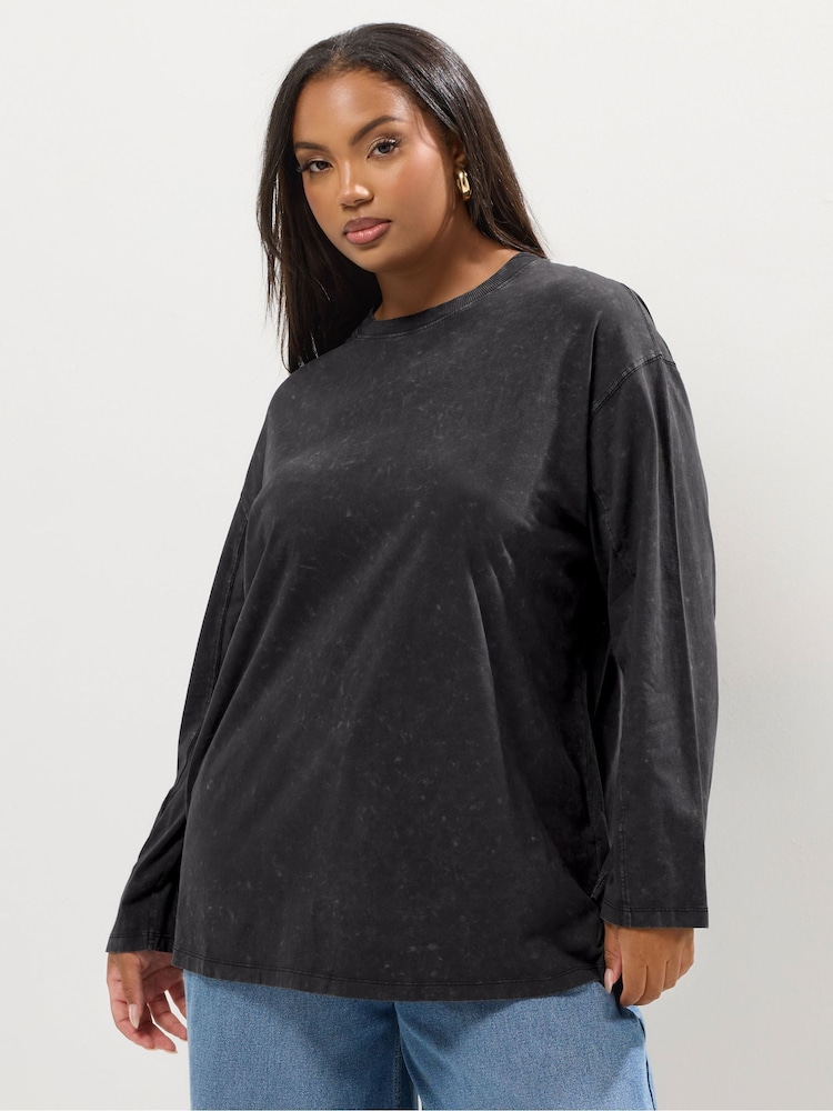 Yours Curve Grey Seam Detail Acid Wash Skater Top - Image 1 of 5